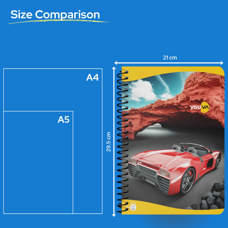 Navneet Youva Spiral Bound Single Line 400 Pages Long Notebook With Safety Lock A4 size 21x29.7cm | Assorted