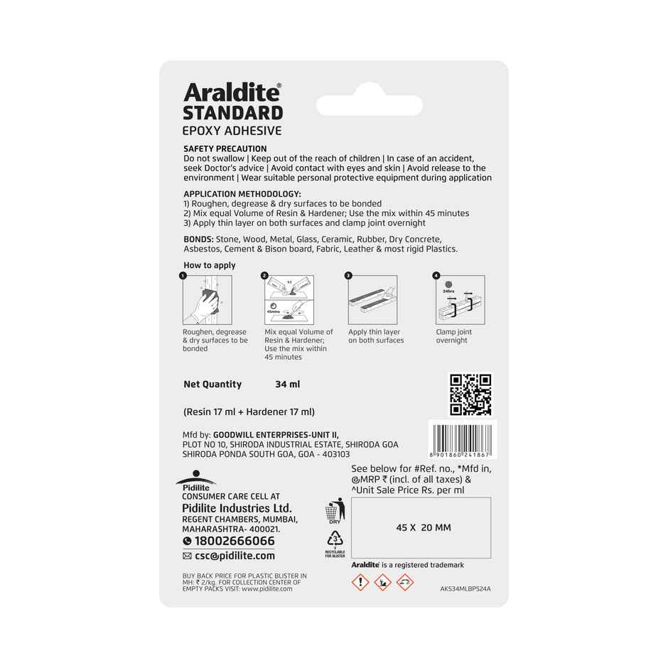 Araldite Standard Adhesive 34ml Pack of 2-Strong, Waterproof, Heat & Chemical Resistant Glue