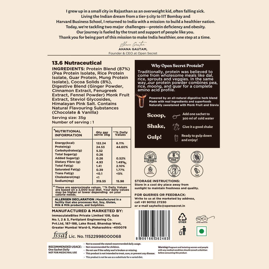 Open Secret Chocolate Plant Protein Single Scoop | 24g Vegan Protein