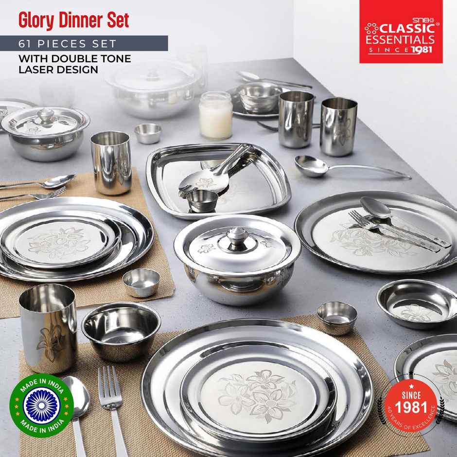 Classic Essentials Heavy Gauge Stainless Steel Permanent Laser Design Glory 61 Pieces Dinner Set