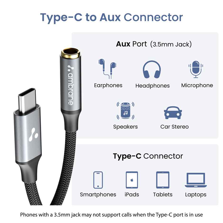 Ambrane Type C to 3.5mm Audio Jack Converter with DAC Headphone Adapter | Connector Cable | Blue