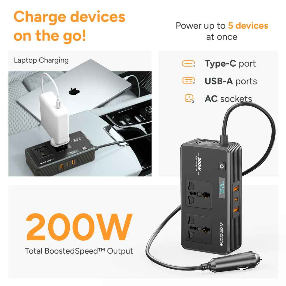 Ambrane 200W Car Power Inverter/Laptop Charger | Charge 5 Devices | SmartStrip Auto | Black