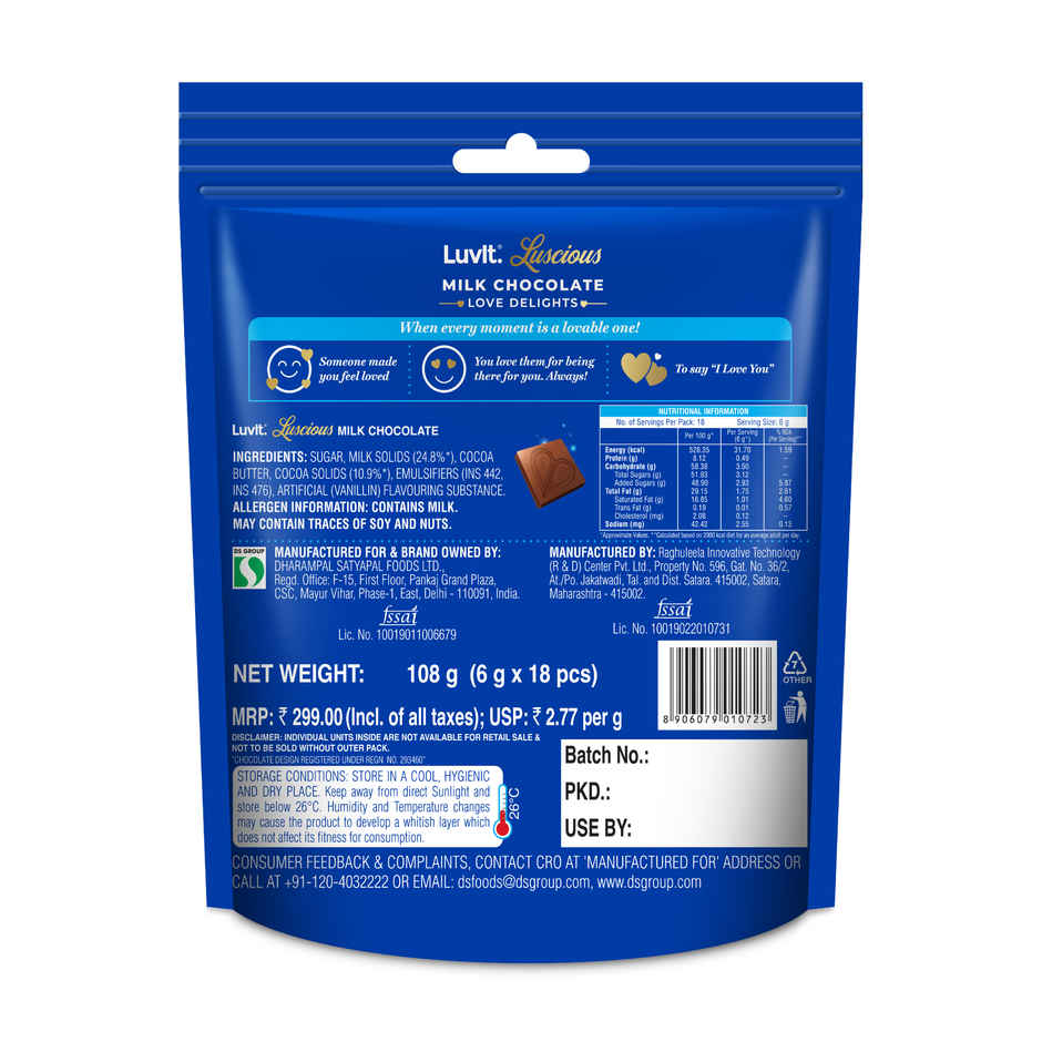 LuvIt Luscious Love Delights Milk Chocolate Bar