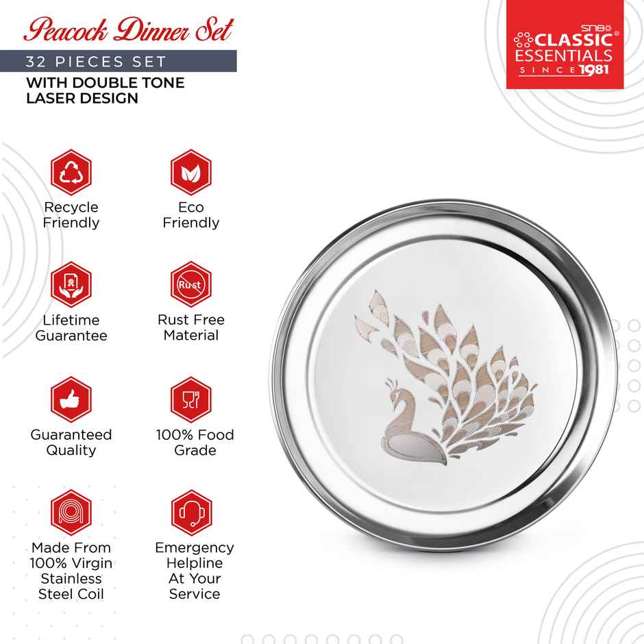 Classic Essentials Heavy Gauge Stainless Steel Permanent Laser Design Peacock 32 Pieces Dinner Set