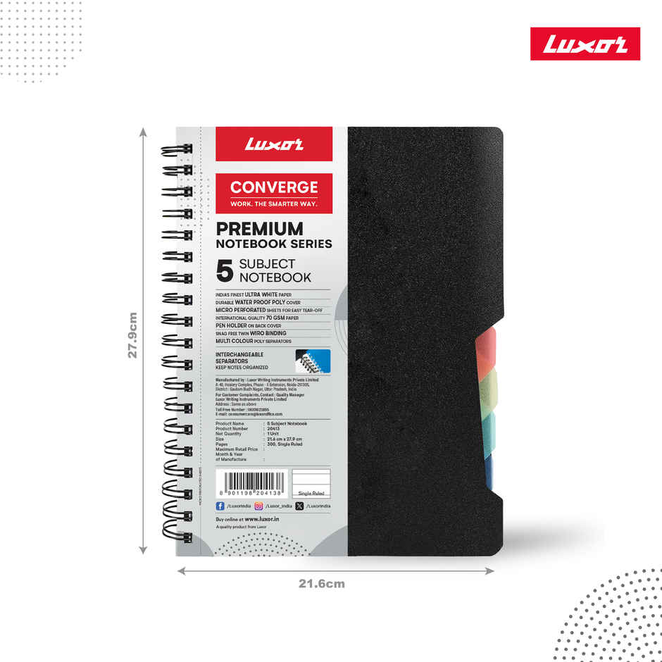 Luxor 5 Subject Notebook | A4, Single Ruled | 70 GSM | Pages - 300