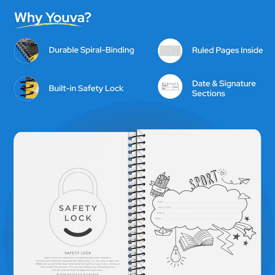 Navneet Youva Spiral A4 Single Line Notebook With Safety Lock | 400 Pages | 21 x 29.7 cm | Assorted