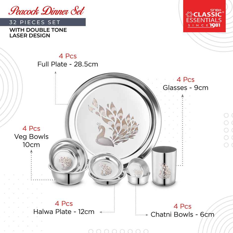 Classic Essentials Heavy Gauge Stainless Steel Permanent Laser Design Peacock 32 Pieces Dinner Set