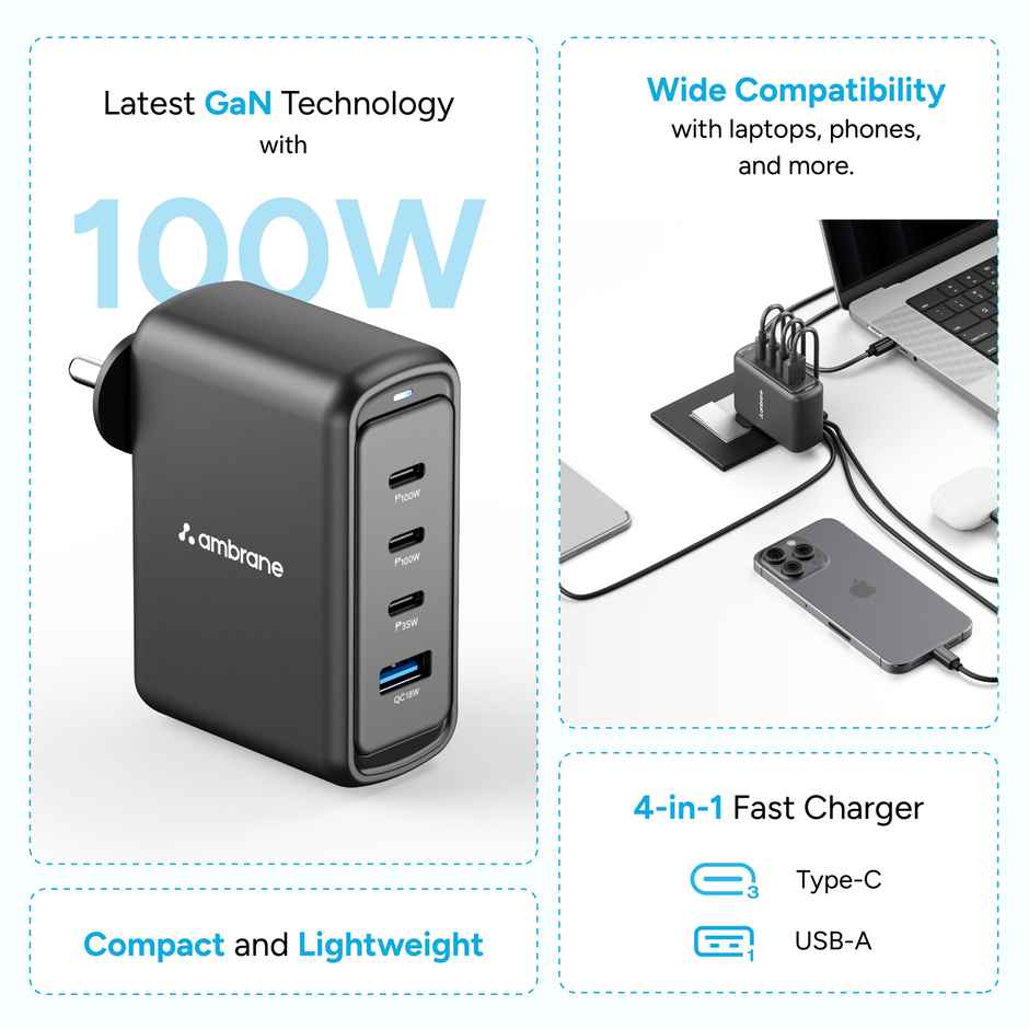 Ambrane 100W Gan Charger for MacBooks & Type C Laptop Charging with 4 Ports - 1 USB & 3 Type C