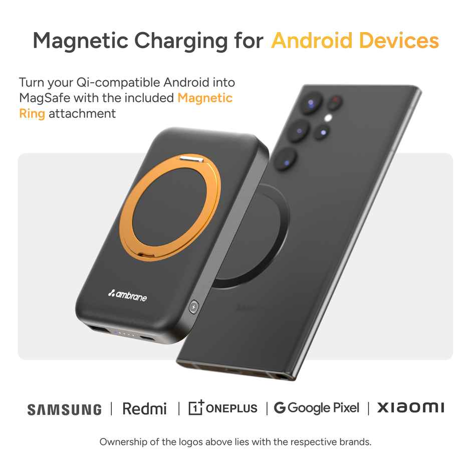 Ambrane 10000 mAh Magsafe Wireless Fast Charging Power Bank with Mobile Stand | 22.5W | Blue