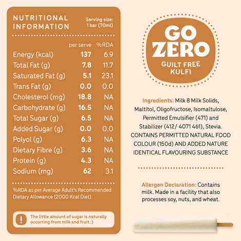 Go Zero Malai Kulfi Low Calorie Guilt Free Ice Cream Stick