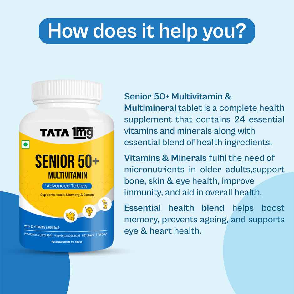 Tata 1mg Senior 50+ Multivitamin Multimineral VEG Tablet With Calcium Pack Of 60