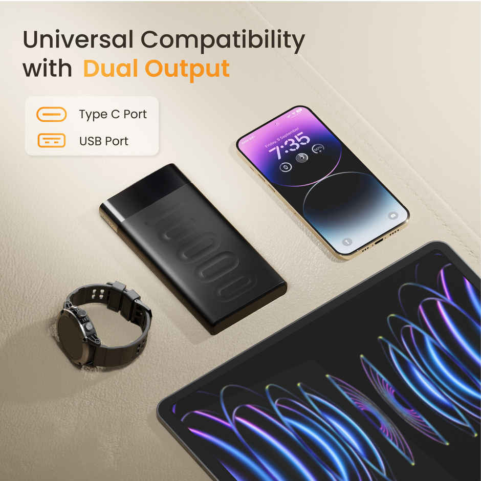 Ambrane 10000mAh Slim & Compact Wired Powerbank, 22.5W Fast Charging, USB & Type C Output, Power Delivery, Quick Charge for iPhone, Android & Other Devices, Made in India + Type C Cable (Stylo 10) - Black