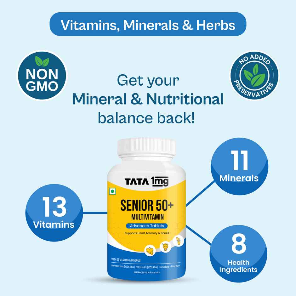 Tata 1mg Senior 50+ Multivitamin Multimineral VEG Tablet With Calcium Pack Of 60