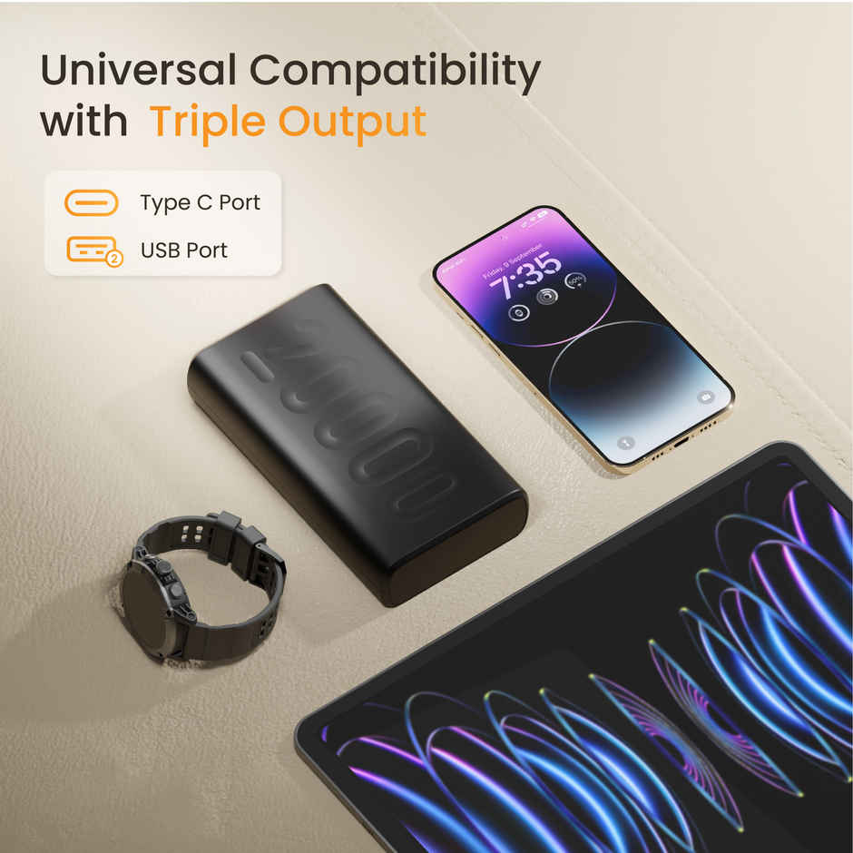 Ambrane 20000mAh Wired Powerbank, 22.5W Fast Charging, Triple Output (2 USB & 1 Type C), Power Delivery, Quick Charge for iPhone, Android & Other Devices, Made in India + Type C Cable (Stylo 20) - Black