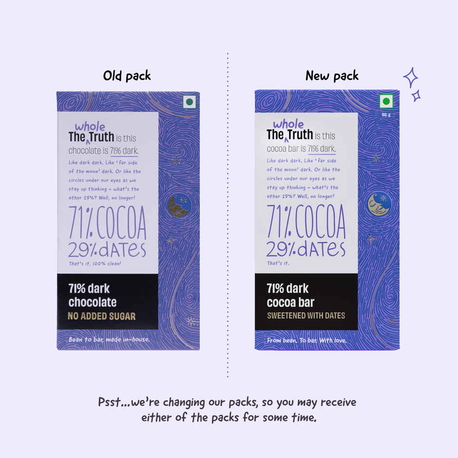 The Whole Truth Dark Cocoa Bar- 71% Dark | 80 g | Sweetened with dates