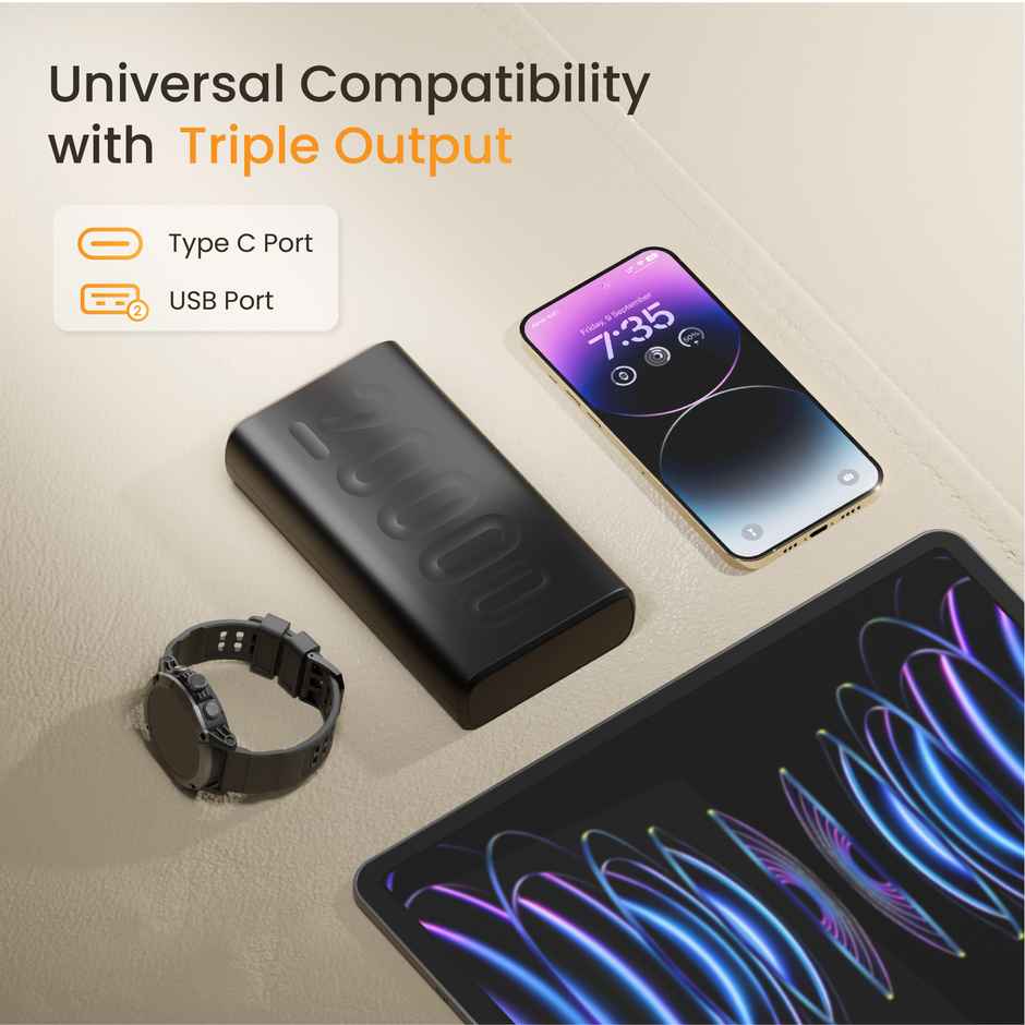 Ambrane 20000mAh Wired Powerbank, 22.5W Fast Charging, Triple Output (2 USB & 1 Type C), Power Delivery, Quick Charge for iPhone, Android & Other Devices, Made in India + Type C Cable (Stylo 20) - Black