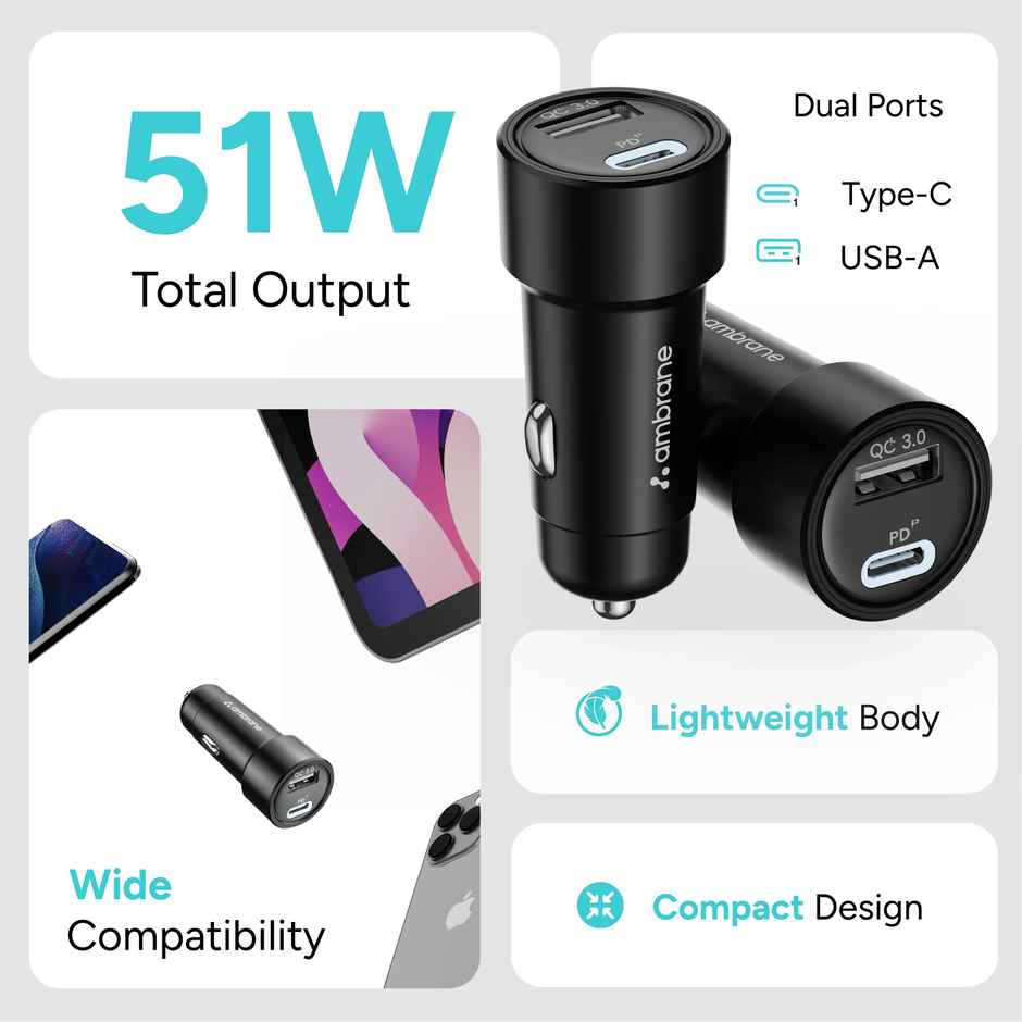 Ambrane 51W Fast Car Charger with Dual Output (usb + Type C) for iPhone & Android Smartphones (C51)
