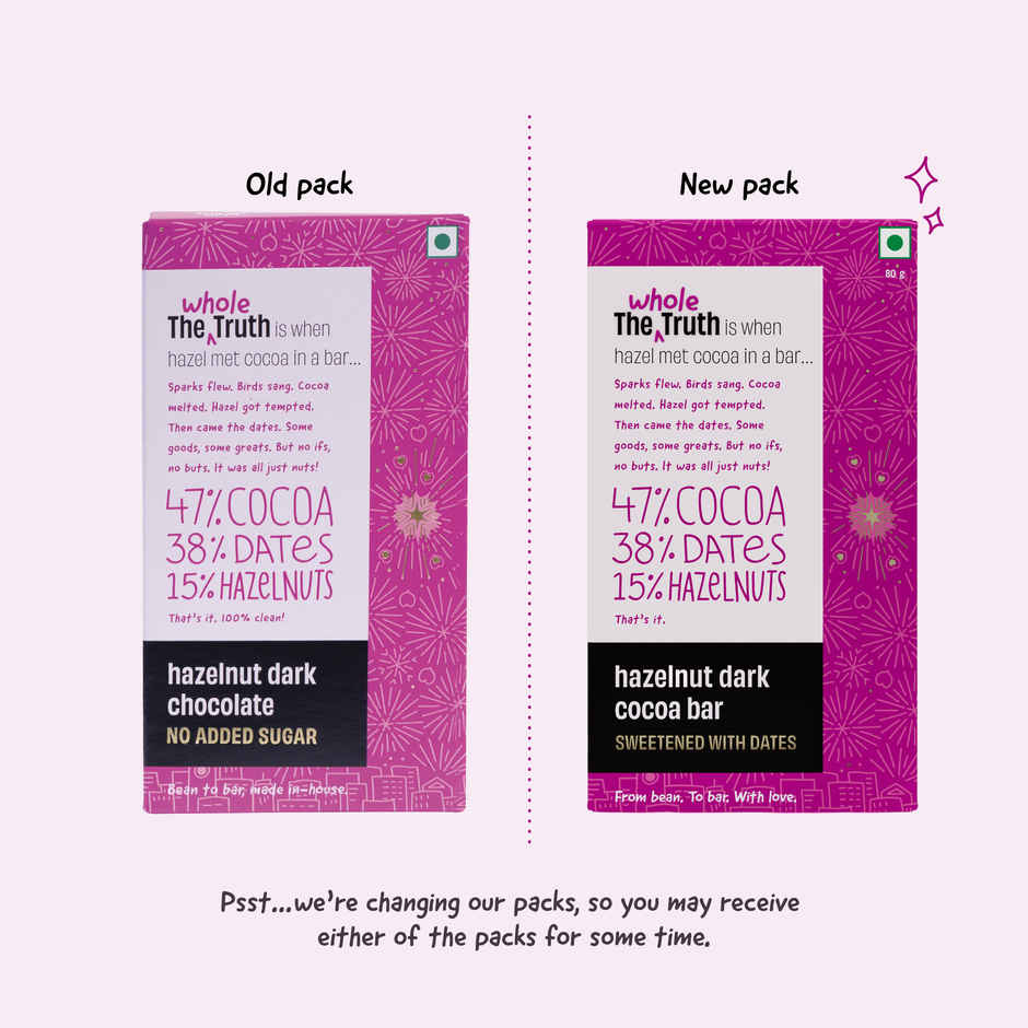 The Whole Truth Dark Cocoa Bar - Hazelnut | 80 g | Sweetened with dates