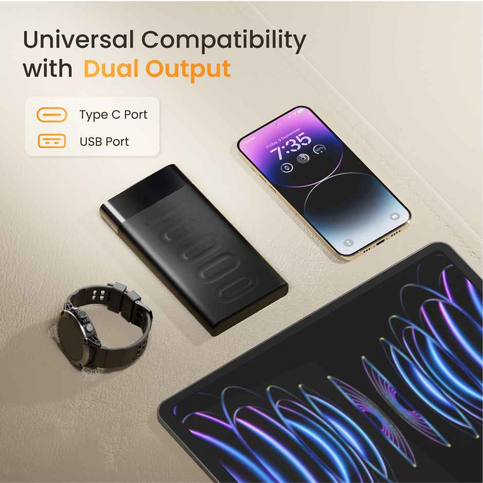 Ambrane 10000mAh Slim & Compact Wired Powerbank, 22.5W Fast Charging, USB & Type C Output, Power Delivery, Quick Charge for iPhone, Android & Other Devices, Made in India + Type C Cable (Stylo 10) - Black