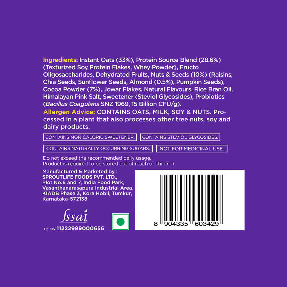 Yoga Bar 26% High Protein Oats, Dark Chocolate, No Added Sugar, High Fibre, Added Probiotics