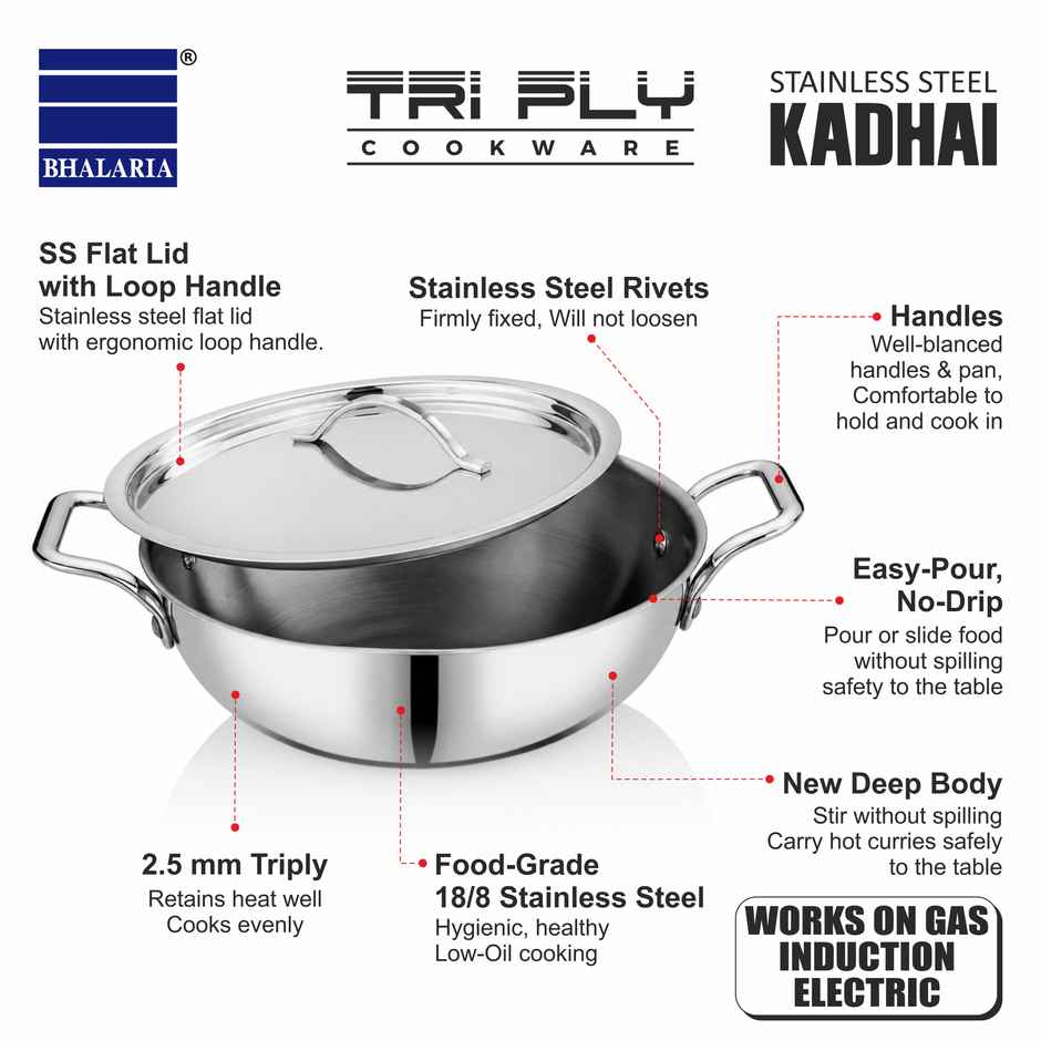 Bhalaria Triply Stainless Steel Kadai | Induction & Gas Stove Compatible | Food Safe | 22 cm | 2 L