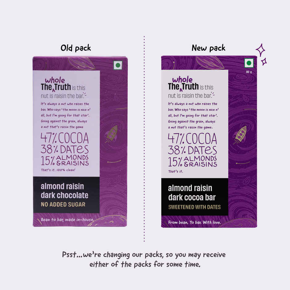 The Whole Truth Dark Cocoa Bar - Almond Raisin | 80 g | Sweetened with dates