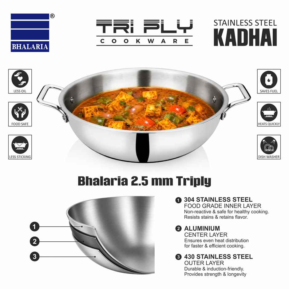 Bhalaria Triply Stainless Steel Kadai | 24 cm | 2.5 L | Glass Lid | Gas & Induction Compatible