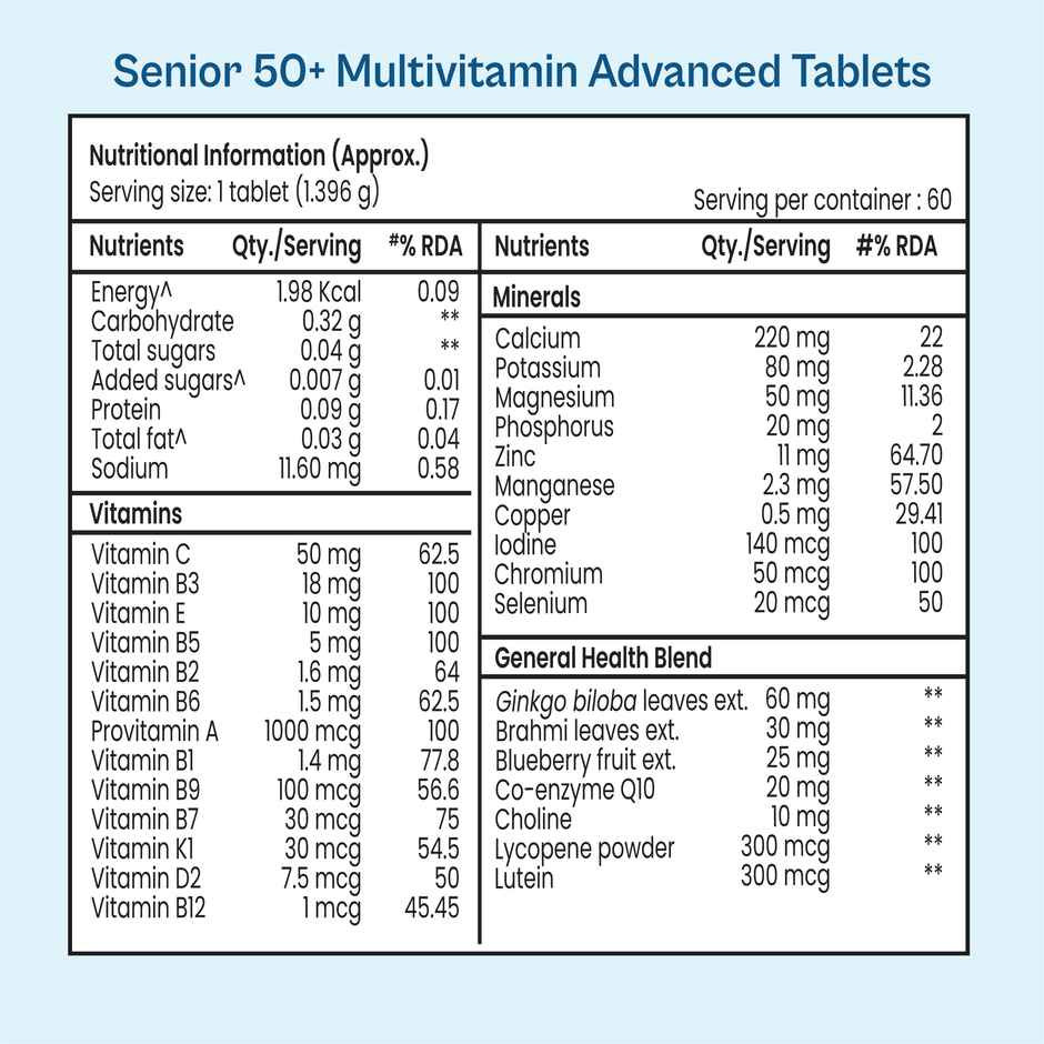 Tata 1mg Senior 50+ Multivitamin Multimineral VEG Tablet With Calcium Pack Of 60