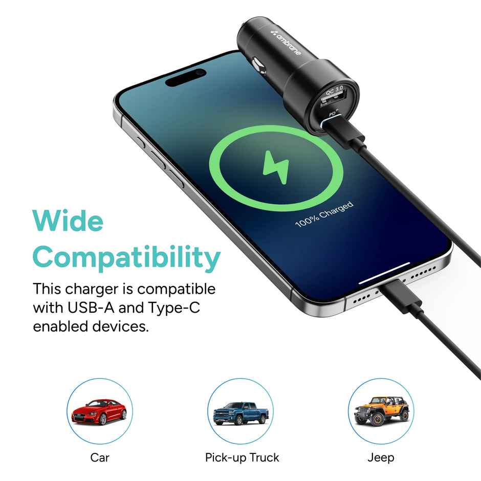 Ambrane 51W Fast Car Charger with Dual Output (usb + Type C) for iPhone & Android Smartphones (C51)