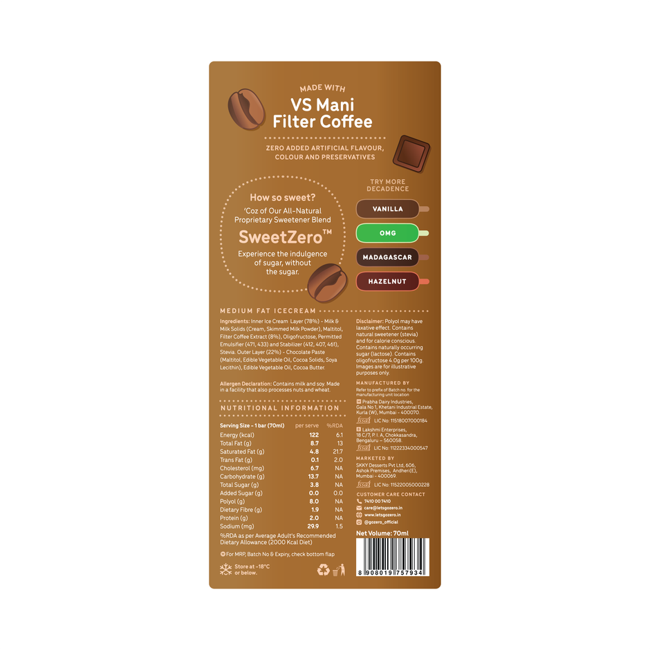 Go Zero X VS Mani Filter Coffee Chocolate Low Calorie Guilt Free Ice Cream Bar