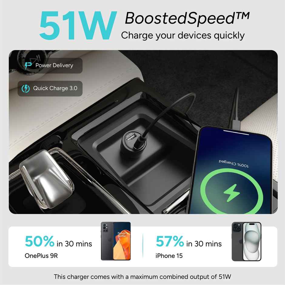 Ambrane 51W Fast Car Charger with Dual Output (usb + Type C) for iPhone & Android Smartphones (C51)