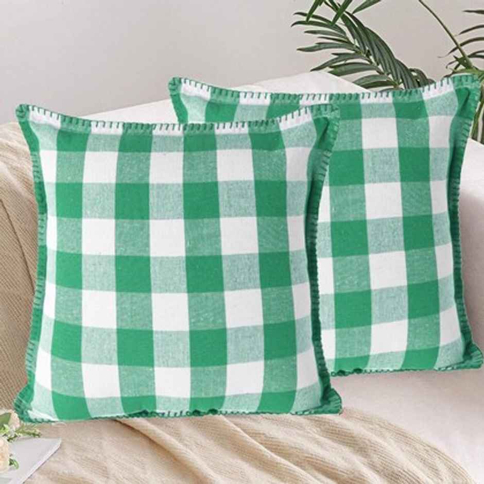 Lushomes Cotton Cushion Covers - Green and White Checks | 18 x 18 inch | Blanket Stitch