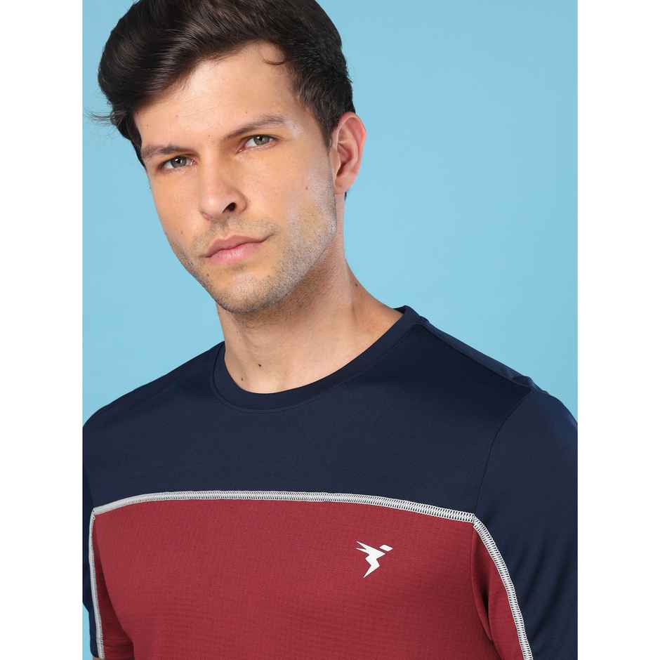 Technosport Men's Poly Colorblock Slim Fit Round Neck T-shirt | Berry Red - XL