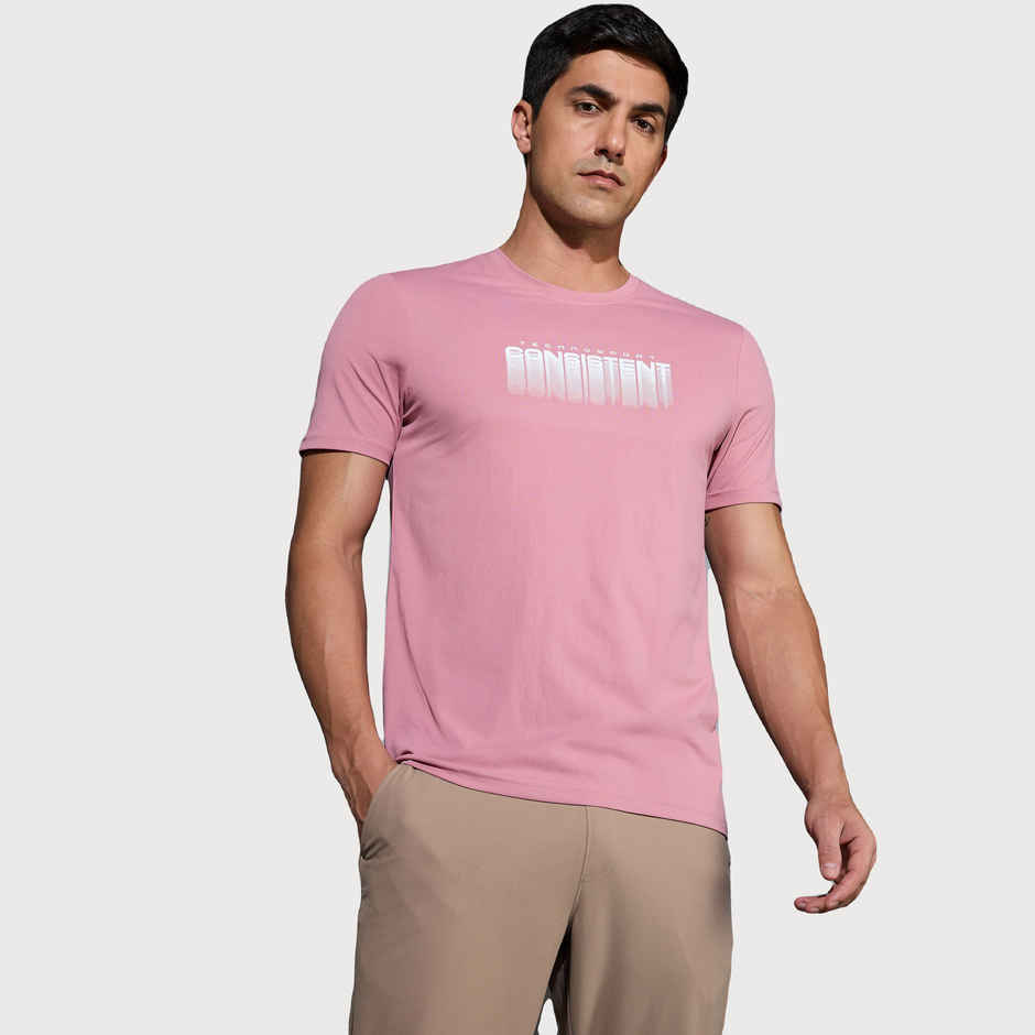 Technosport Men's Poly Printed Slim Fit Round Neck Sports T-shirt | Dusty Rose - L