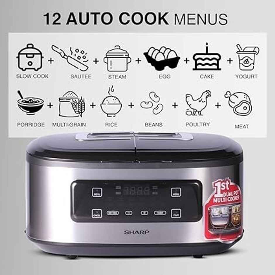 Sharp Electric Twin Cooker KN-TC50VI-SL | 5 L Non-Stick Pot | 2.5 L x 2 Each | Silver