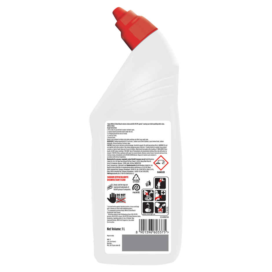 Harpic White and Shine Disinfectant Toilet Cleaner Bleach Liquid, Refreshing Lemon