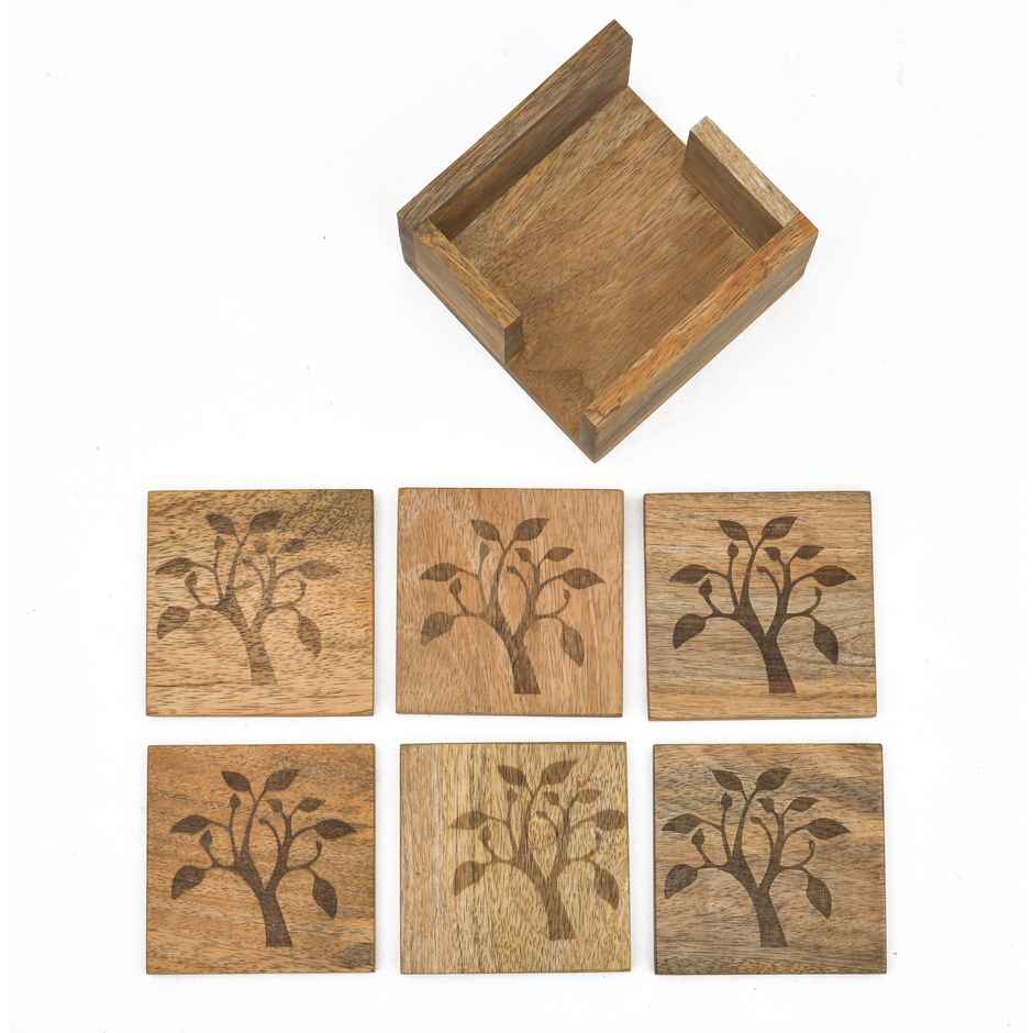 Oggn Mango Leaf Wooden Tea Coaster With Holder