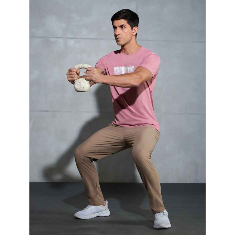 Technosport Men's Poly Printed Slim Fit Round Neck Sports T-shirt | Dusty Rose - L