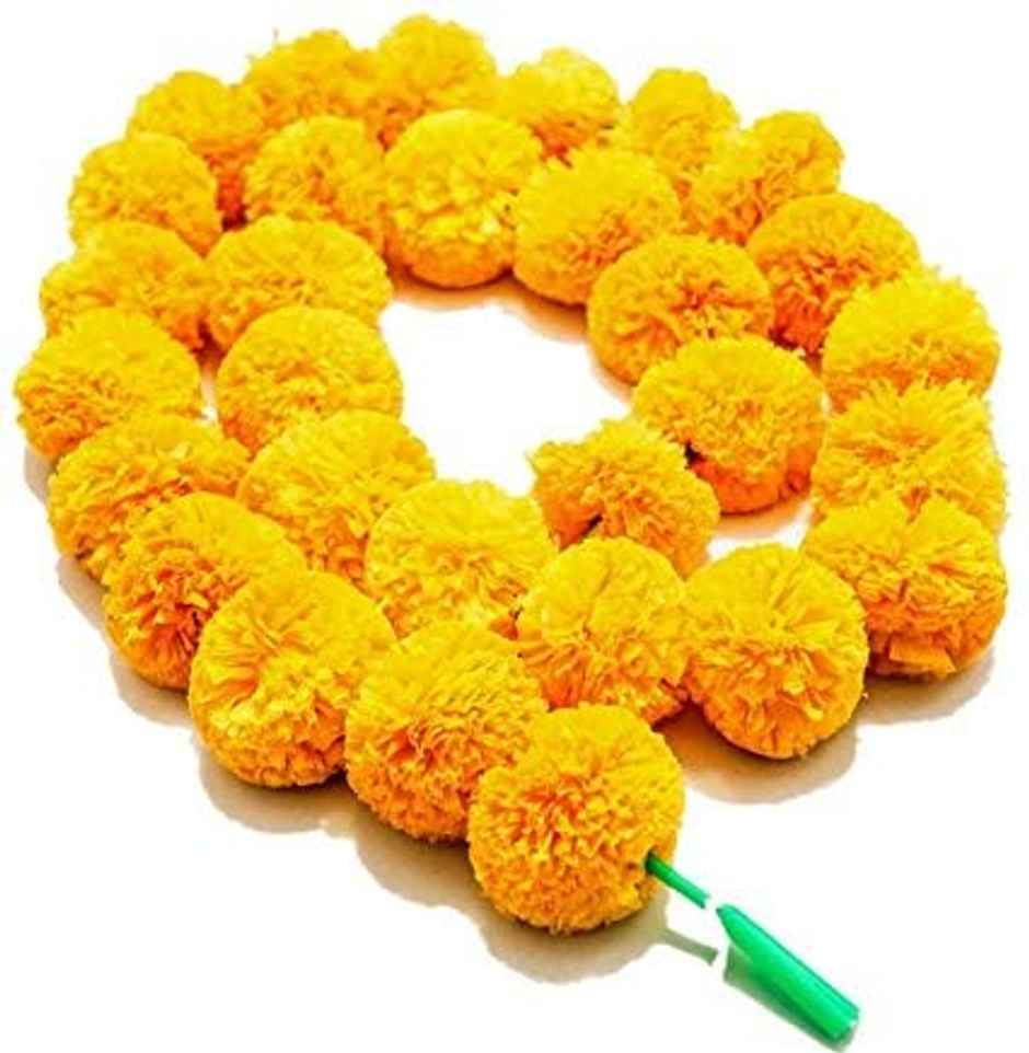 Artificial Marigold Fluffy Flowers Garlands For Decoration - Pack Of 5 Strings (Yellow)- 4.6Ft
