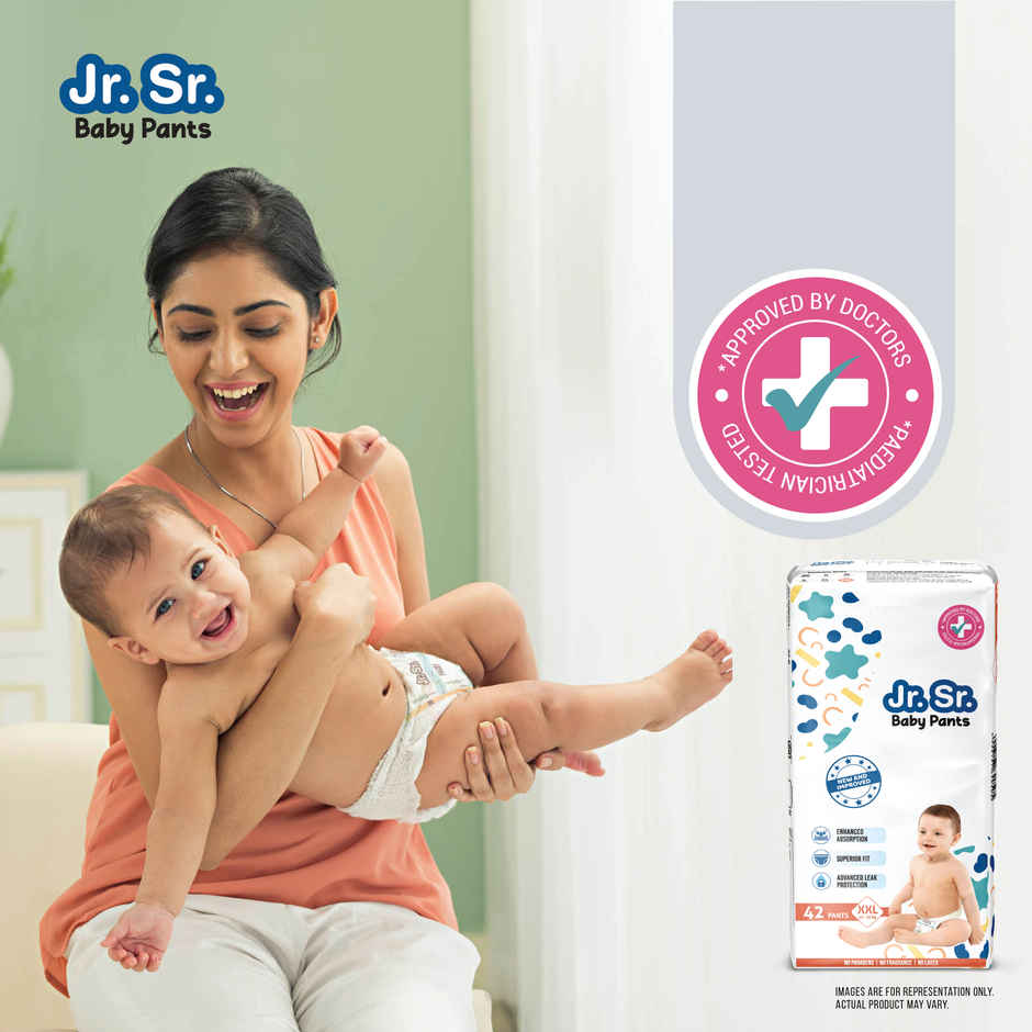Jr. Sr. Baby Pant Style Diaper | 2XL | 42 pcs | Upto 12 Hours Protection, Wetness Indicator