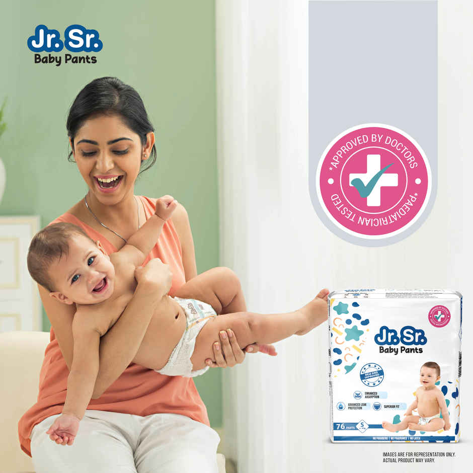 Jr. Sr. Baby Pant Style Diaper | S | 76 pcs | Upto 12 Hours Protection, Wetness Indicator