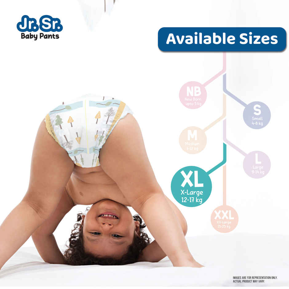 Jr. Sr. Baby Pant Style Diaper | XL | 52 pcs | Upto 12 Hours Protection, Wetness Indicator
