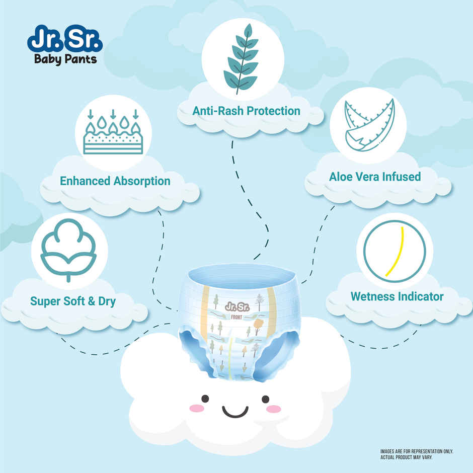 Jr. Sr. Baby Pant Style Diaper | 2XL | 42 pcs | Upto 12 Hours Protection, Wetness Indicator