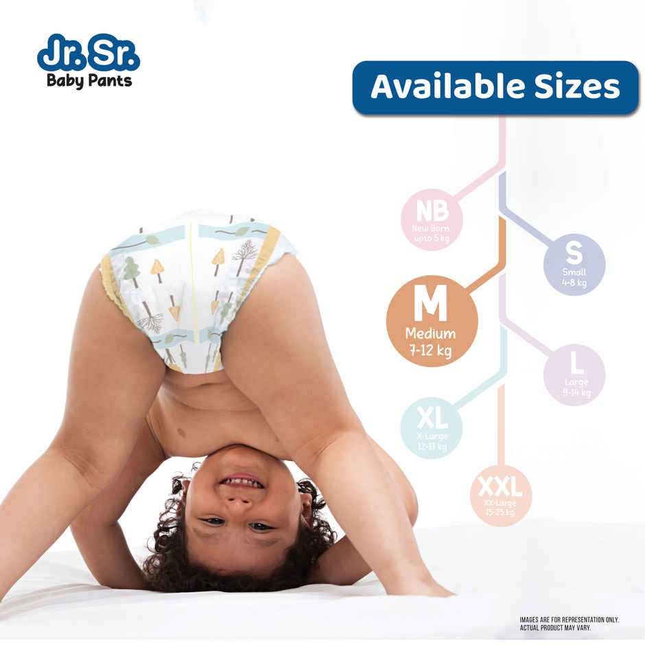 Jr. Sr. Baby Pant Style Diaper | M | 70 pcs | Upto 12 Hours Protection, Wetness Indicator