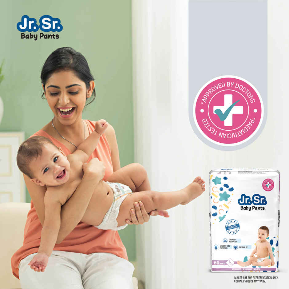Jr. Sr. Baby Pant Style Diaper | L | 60 pcs | Upto 12 Hours Protection, Wetness Indicator