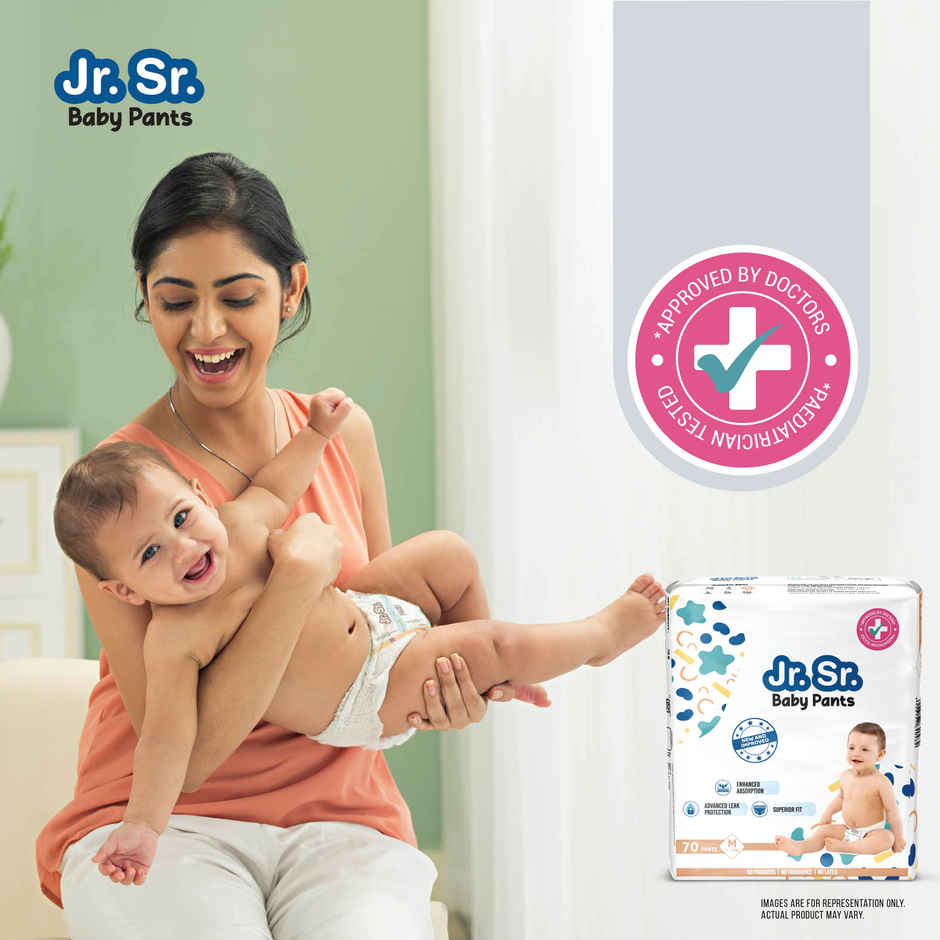 Jr. Sr. Baby Pant Style Diaper | M | 70 pcs | Upto 12 Hours Protection, Wetness Indicator