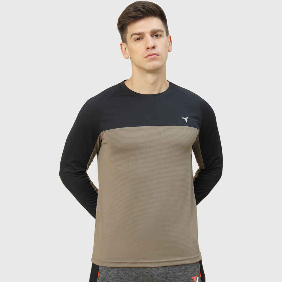 Technosport Men's Poly Colorblock Slim Fit Round Neck Full Sleeve T-shirt | Stone Grey - 2XL