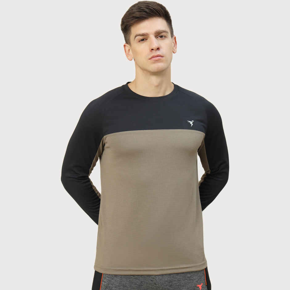 Technosport Men's Poly Colorblock Slim Fit Round Neck Full Sleeve T-shirt | Stone Grey - M