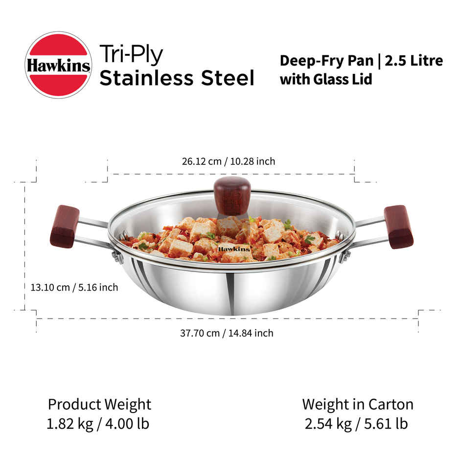 Hawkins Triply Stainless Steel Kadai with Glass Lid | 2.5 L | Silver