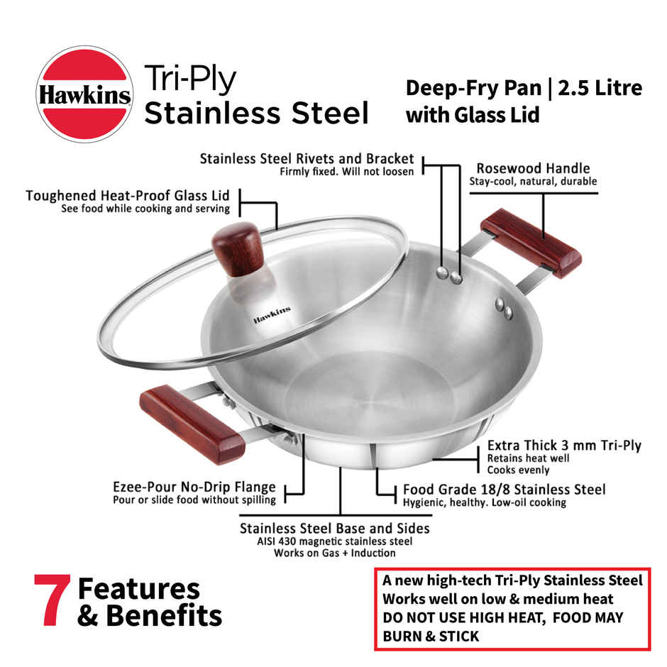 Hawkins Triply Stainless Steel Kadai with Glass Lid | 2.5 L | Silver